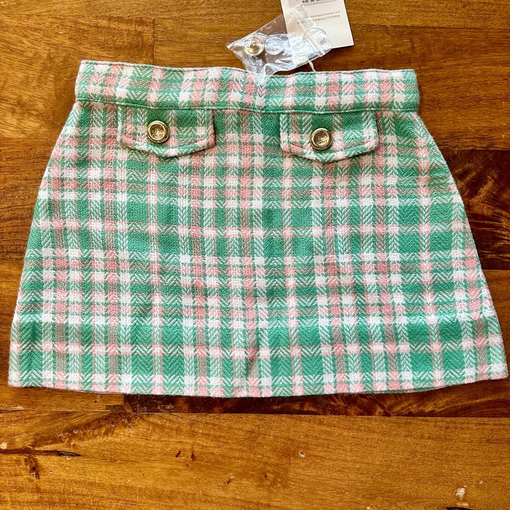 TBBC 4T Girls Perrin Pocket Green & Pink Plaid Tweed Skirt